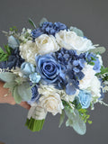 Fake Slate Blue & Dusty Blue Wedding Bouquet, Blue White Bridal Bouquet, Real Touch Faux Roses, Blue Boutonniere Corsage, Blue Wedding Decor wedding flower