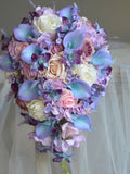 Light Purple Blue Pink Wedding Bouquet, Real Touch Fake Flowers, hydrangeas, Orchids, Lavender Mauve Roses, Cascading Bridal Bouquet wedding flower