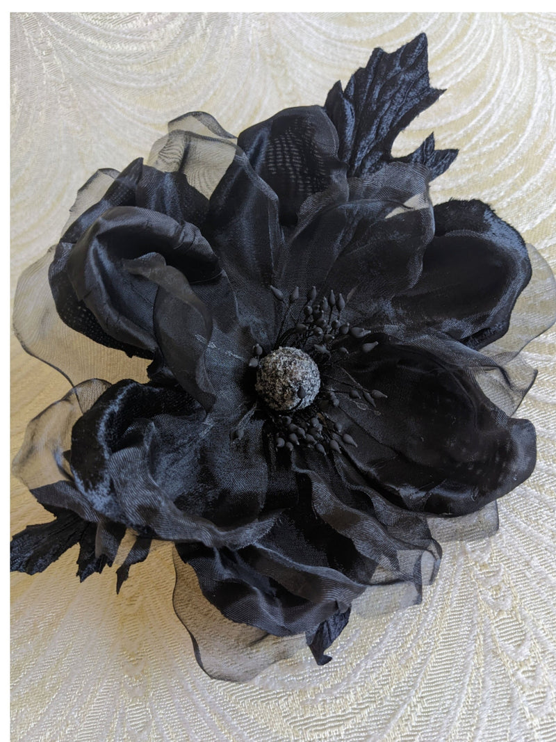 6" Silk and Velvet Black Magnolia Large Millinery Flower with Leaves for Hats, Fascinators, Gown silk flower