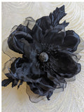 6" Silk and Velvet Black Magnolia Large Millinery Flower with Leaves for Hats, Fascinators, Gown silk flower