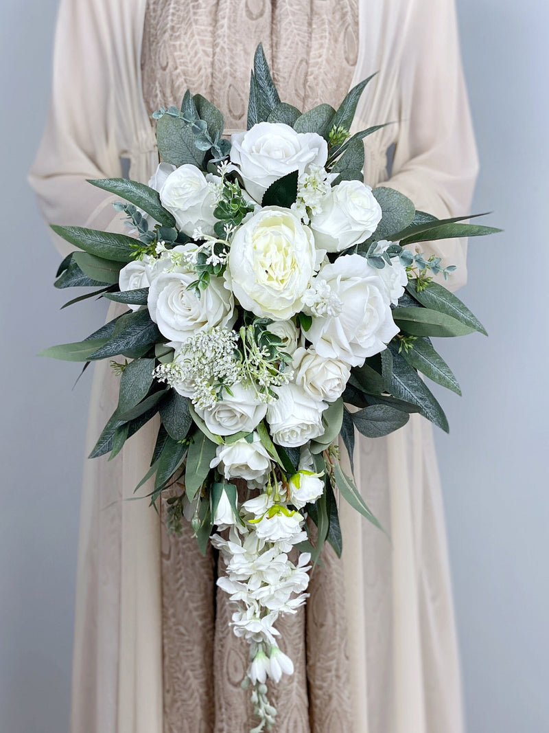Cascading White Bridal Bouquet, White and Emerald Green Wedding, Rustic Boho Flower Bouquet,  Design in Rose,Peony and Eucalyptus wedding flower