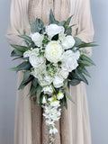 Cascading White Bridal Bouquet, White and Emerald Green Wedding, Rustic Boho Flower Bouquet,  Design in Rose,Peony and Eucalyptus wedding flower