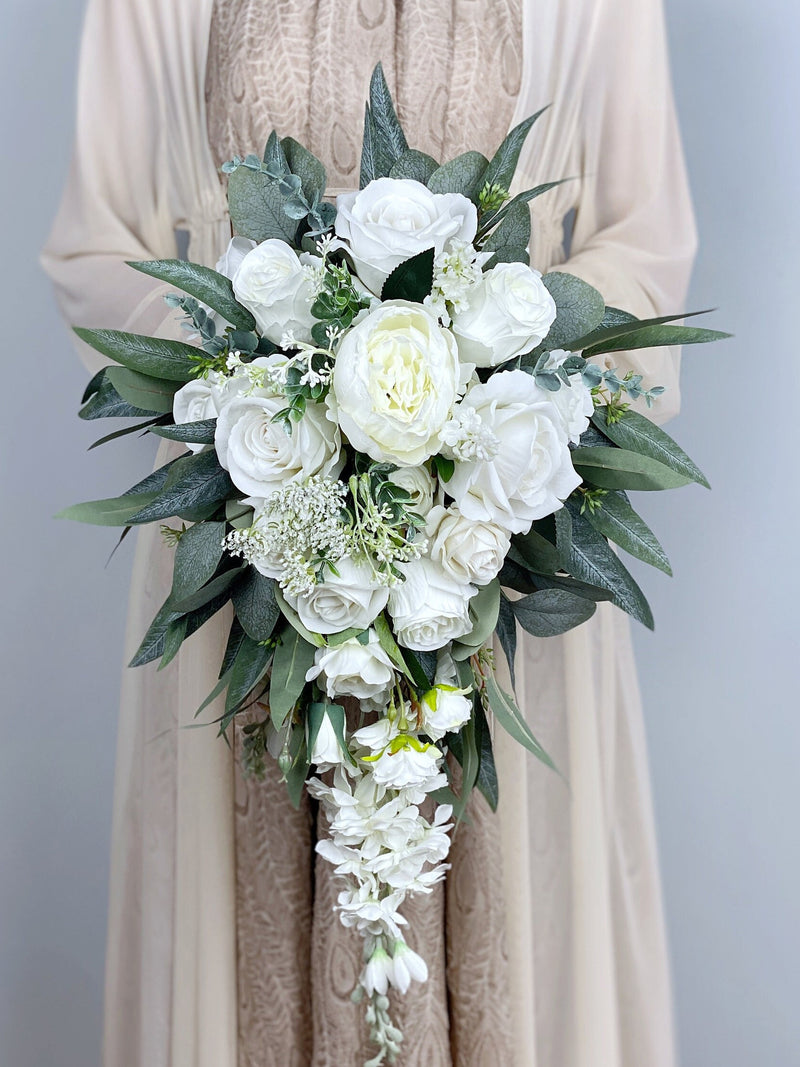 Cascading White Bridal Bouquet, White and Emerald Green Wedding, Rustic Boho Flower Bouquet,  Design in Rose,Peony and Eucalyptus Bouquet