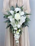 Cascading White Bridal Bouquet, White and Emerald Green Wedding, Rustic Boho Flower Bouquet,  Design in Rose,Peony and Eucalyptus Bouquet