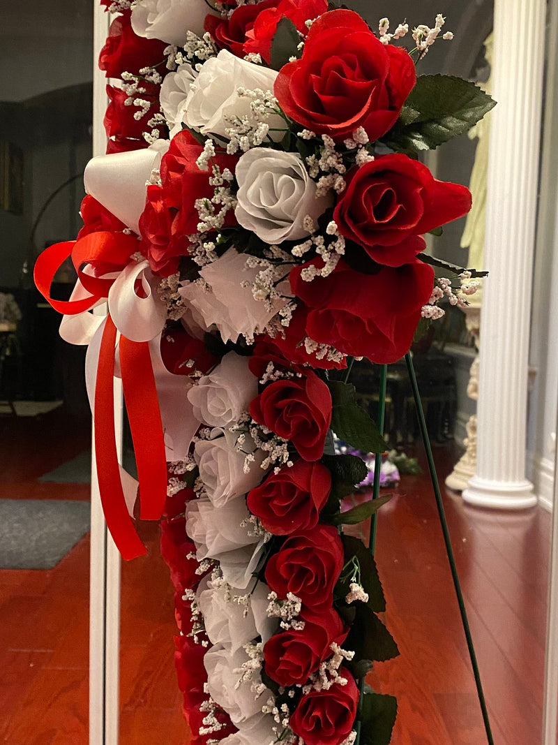 Red White Cross Love Cemetery  Artificial Flowers Funeral Grave Decorations Memorial Flower Round Wreaths Arrangements Bow Arrangement sympathy flower