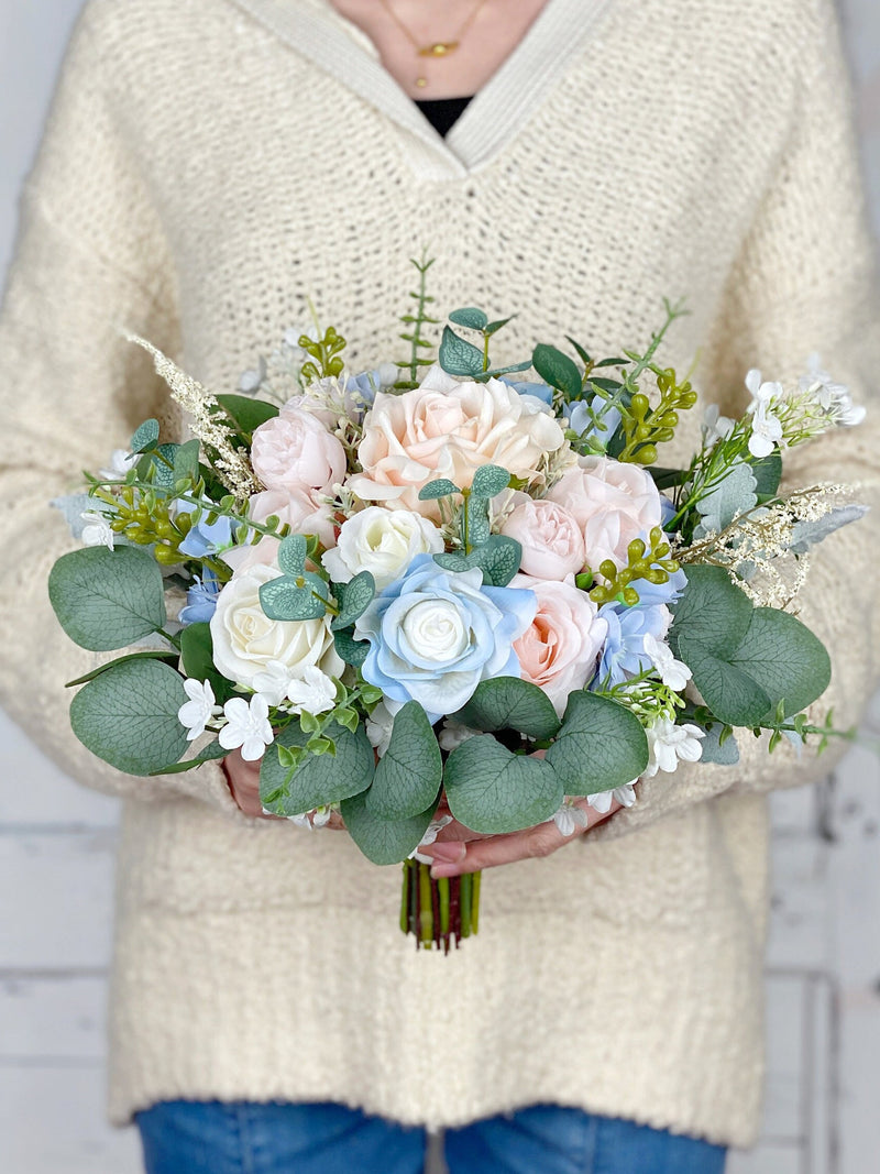Blush Pink and Light Blue Silk Flower Bridal Bouquet, Rose Peony Delphinium Design Bouquet