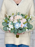 Blush Pink and Light Blue Silk Flower Bridal Bouquet, Rose Peony Delphinium Design Bouquet