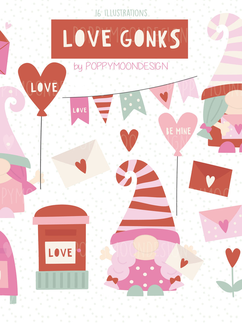 Love Gonks, Valentines, wedding digital printable clipart Love Romance Flower