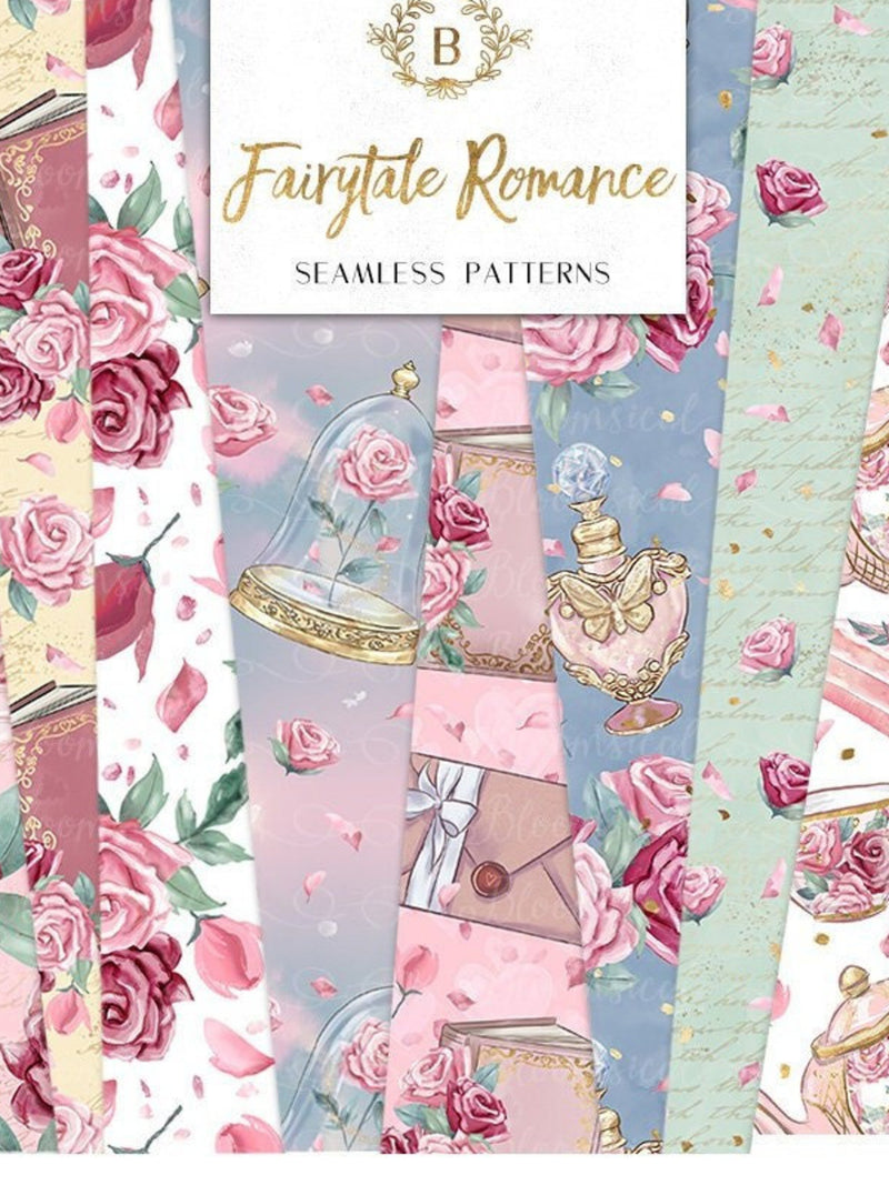 Fairytale Romance Digital Papers | Floral Princess Tea Party Seamless Surface Patterns | planner stickers, graphics  resources, Fabric Love Romance Flower
