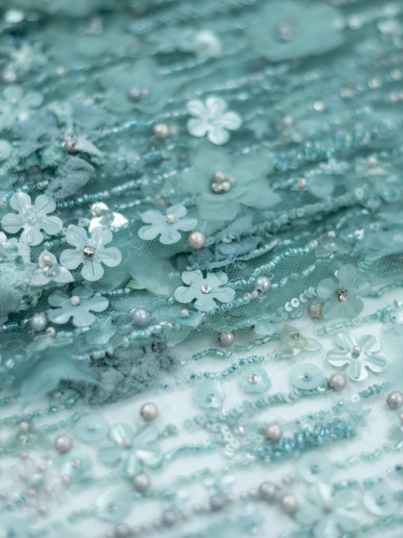 80 cm long piece Green 3D Beaded Lace Fabric: Silk Flowers, Wedding Couture silk flower