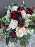 Faux Burgundy Rose Wedding Bouquet: Beige & Ivory Boho Bridal Flowers, Fall Winter Colors Wedding Boutonnieres, Corsages Bouquet