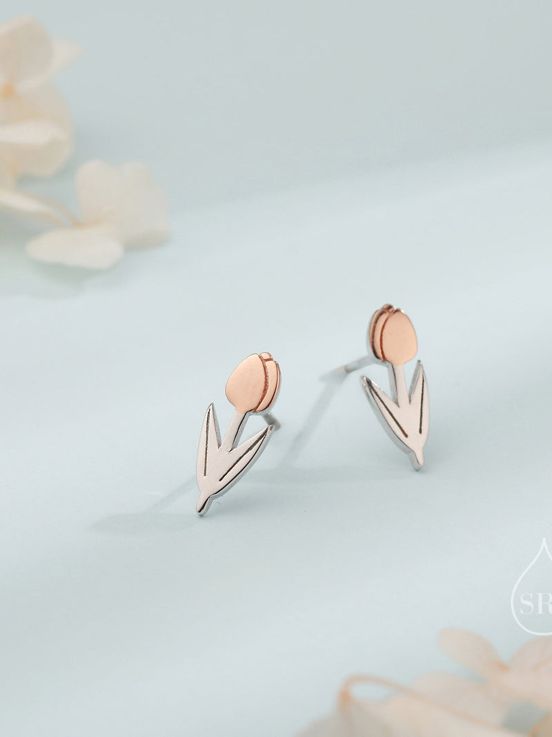 Tulip Flower Stud Earrings in Sterling Silver, Two Tone Finish, Flower Earrings, Tulip Earrings FLOWER DELIVERY