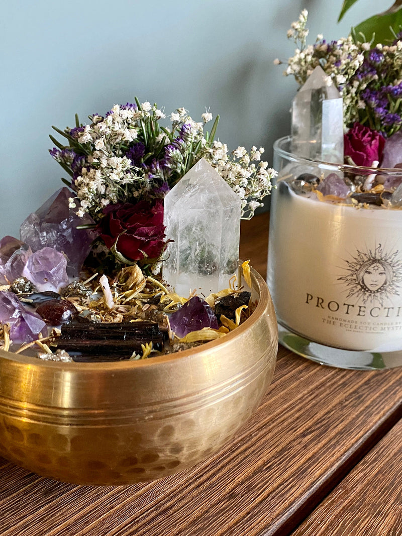 Protection Intention Candle With Crystals Flowers & Herbs- Soy Wax Sandalwood Crystal Candle, Energy Protection, House Warming Crystal Gift house warming flower