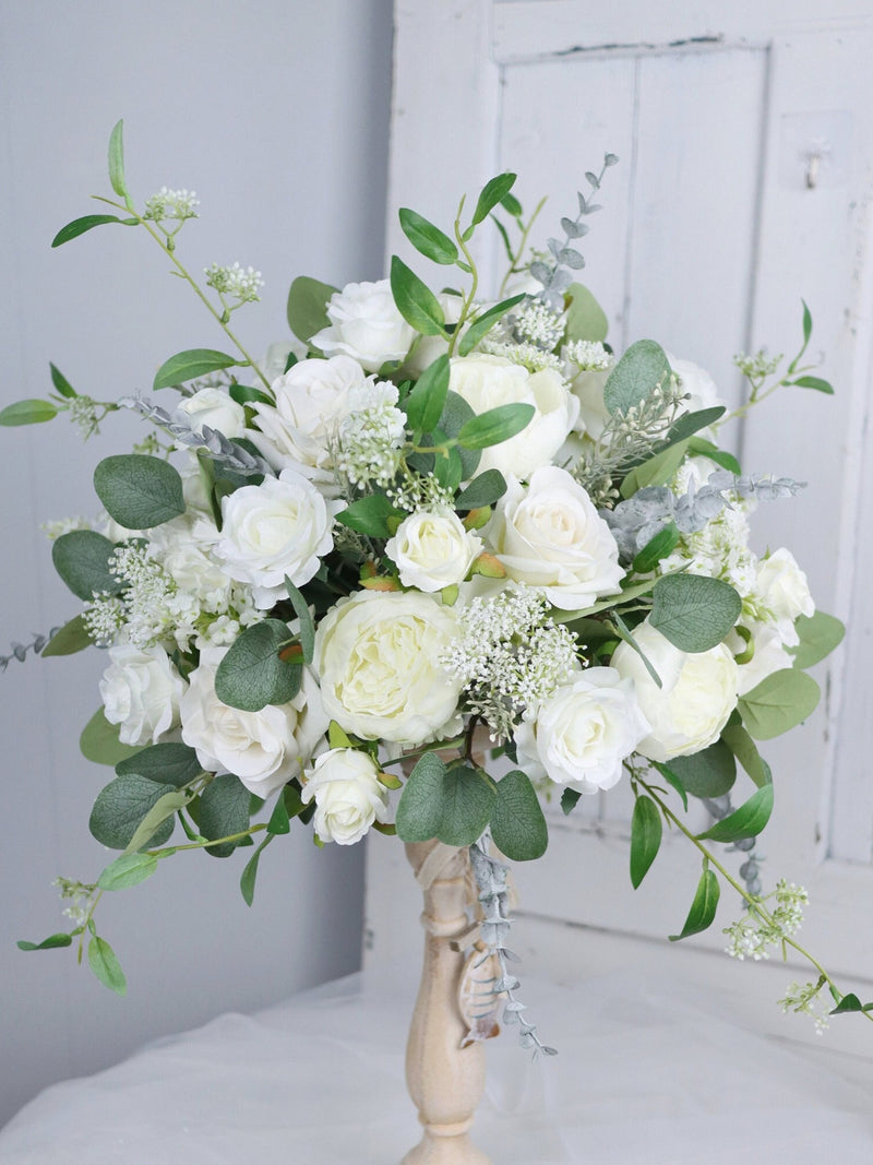 White Rose Peony Wedding Table Centerpiece, Sage Green Floral Ball wedding flower