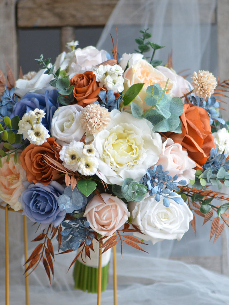 Faux Dusty Blue And Burnt Orange White Wedding Bouquets, Real Touch Fake Roses, Blue White Bridal Bouquets, Terracotta Boho, Faux Flowers wedding flower