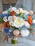Faux Dusty Blue And Burnt Orange White Wedding Bouquets, Real Touch Fake Roses, Blue White Bridal Bouquets, Terracotta Boho, Faux Flowers wedding flower