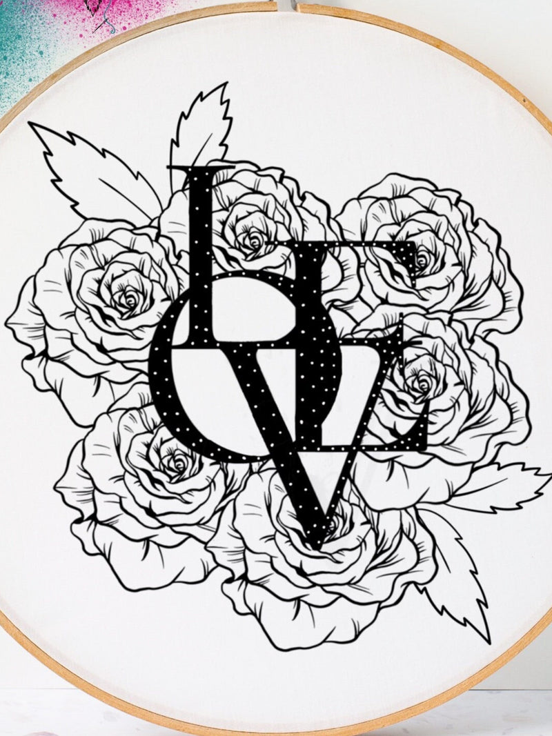 LOVE WITH ROSES | Embroidery Pdf Template | Romance, Valentines Day, Heart, Wedding, Anniversary Love Romance Flower