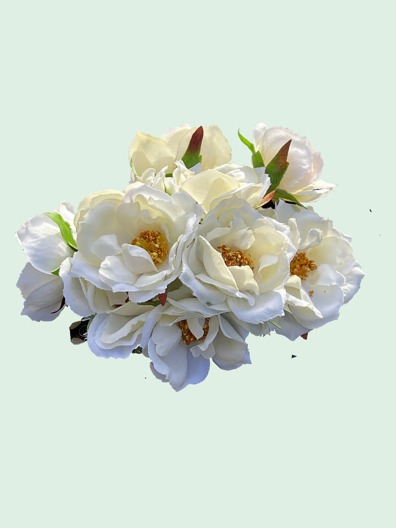 Ivory silk rose-style flower bouquet with green leaves and small buds