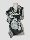 Black & White Flower Felted Scarf: Merino Wool Silk Nuno Scarf silk flower