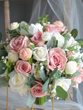 Faux Real Touch Rose Pink/White Roses Wedding Bouquet, Pink Boho Spring Summer Bridal Bouquet/Bridesmaids, Dusty Pink Corsages Bouquet