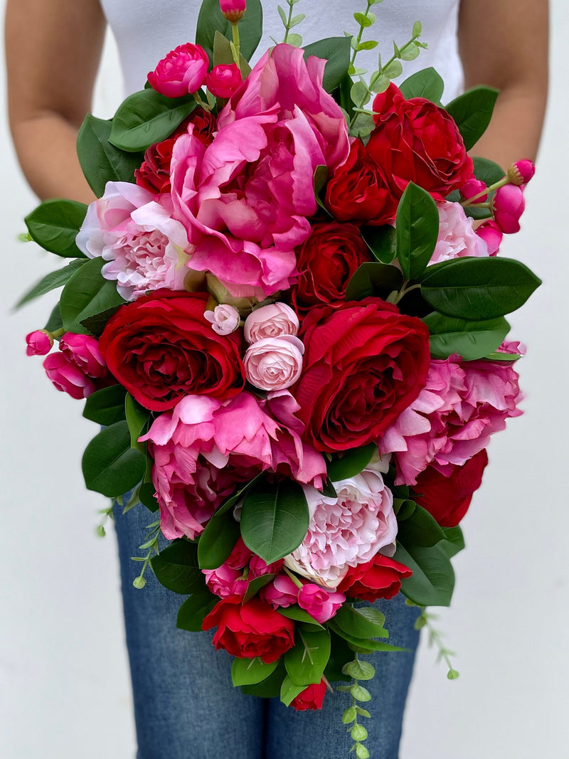 Pink Cascading Bouquet, Pink and Red Wedding Bouquet, Pink Peonies , Red Roses , Fuchsia Pink , Light Pink Wedding Bouquet Bouquet