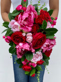 Pink Cascading Bouquet, Pink and Red Wedding Bouquet, Pink Peonies , Red Roses , Fuchsia Pink , Light Pink Wedding Bouquet Bouquet