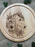 Horse with flower bread board, Engraved chopping board, House warming gift, Engraved wooden centrepiece, Personalised serving board house warming flower