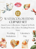 12 Wedding Watercolor Clipart Set - Instant Download - Proposal - Engagement - Wedding - Heart - Flower - Floral - Love - Kiss - Digital PNG Love Romance Flower