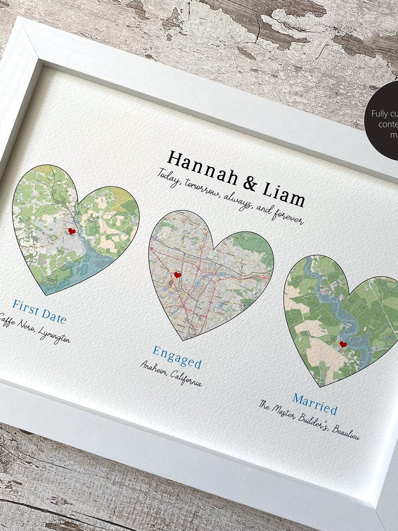 Custom contemporary 3 location map art, met engaged married home, wedding anniversary engagement gift, modern maps available worldwide ANNIVERSARY