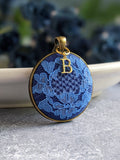 Vintage Blue Flower Initial Necklace With Lace, Anniversary Gift For Wife, Personalized Gift For Her, Unique Pendant Jewelry ANNIVERSARY