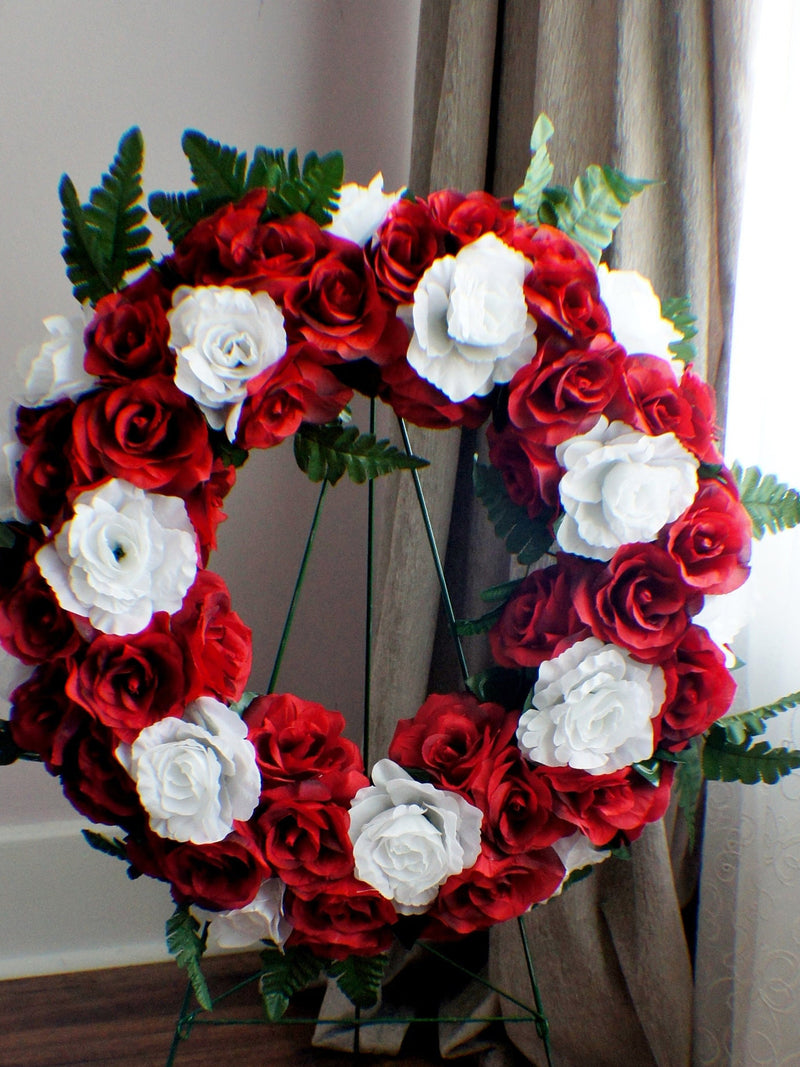 Memorial Flower Wreath: Red & White Roses, Gravesite Tombstone Flowers sympathy flower