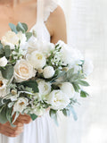 White Silk Flower Wedding Bouquet: Roses & Eucalyptus Bouquet