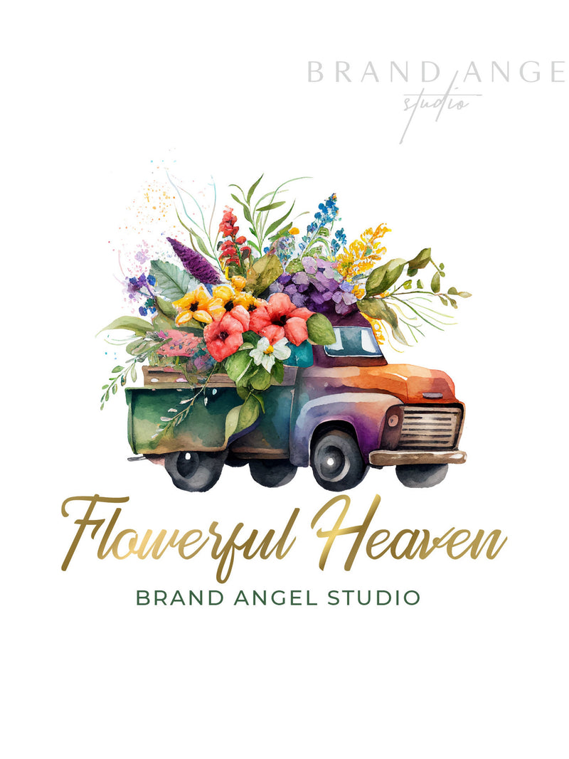 Flower Heaven Logo and Branding - Premade Logo Design -Flower Truck Watercolor Logo - Florist Logo - Flower Delivery Logo -Horticulture Logo FLOWER DELIVERY