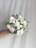 Faux bridal bouquet with white flowers, white bouquets, white bridal bouquet, white fake bouquet, white and green bouquet, white boutonniere wedding flower