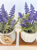 Artificial Lavender Plant in Handmade Concrete Pot with Wood Tray - Artificial Flowers - Faux Lavender - Floating Shelve Decor faux plants