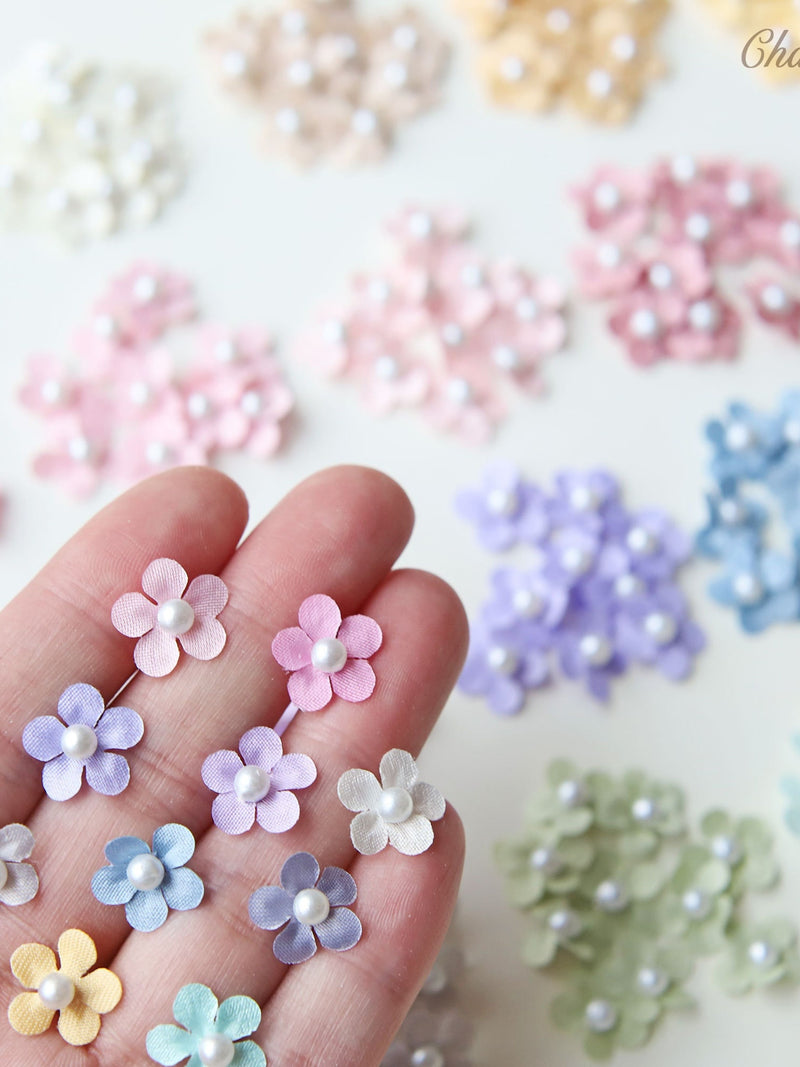 12mm (1/2") Tiny Satin Fabric Flowers with Faux Pearls, in 20 Colors, Sew On Flowers, Mini Floral Decor, 10PCS / 50PCS silk flower