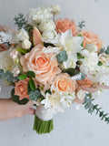 Artificial Peach White Spring Bridal Bouquet, Real Touch Faux Roses, Eucalyptus, Lilies, Fake Flowers Wedding Bouquet, Centerpieces, Floral wedding flower