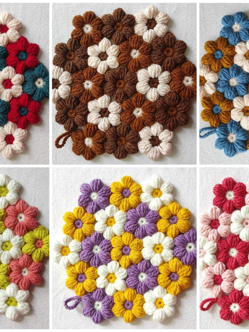 Puff Flowers Crochet Trivets Custom Color, Floral Pot Mats, Pot Holder Heat Resistant Durable Round Cup Mats, Pot Pads Coasters house warming flower