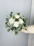 White Bridal Bouquet, Wedding White Rose Bouquet, Boho Flower Bouquet,  Design in Rose, Peony, Ranunculus, Baby's Breath and Eucalyptus wedding flower