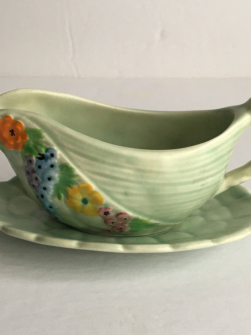 Carlton Ware Small Sauce Pitcher with Underplate in Light Green with Floral Design flower spore