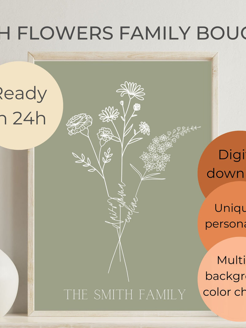 custom family birth flower bouquet, Unique mothers day gift, birth month art print, personalized gift for mom, minimalist line art design birthday flower