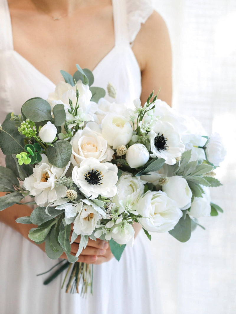 Silk Anemone Wedding Bouquet, White Roses & Eucalyptus Bouquet