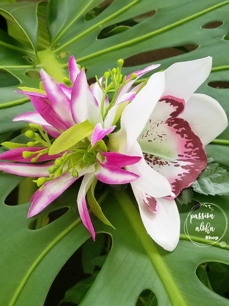 Tropical Hair Clip, Queen Orchid Flower Hair Clip, Silk Flower Hair Clip, Bridal Headpiece,  Hawaiian Flower Hair Clip, Beach Wedding, White silk flower