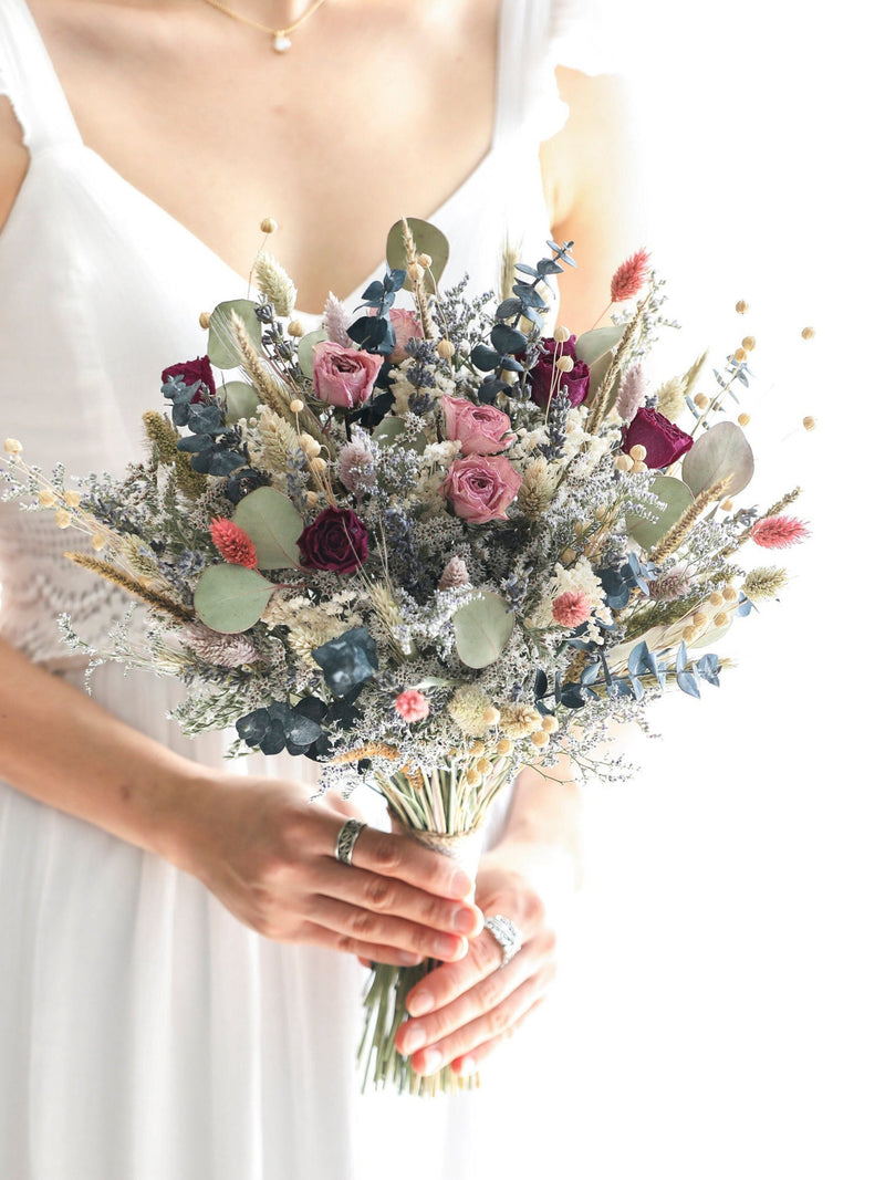 Eucalyptus & Blush Rose Dried Flower Bouquet, Boho Wedding Bouquet