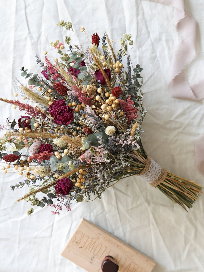 Dark Teal & Burgundy Dried Flower Bouquet, Whimsical Bridal Decor Bouquet