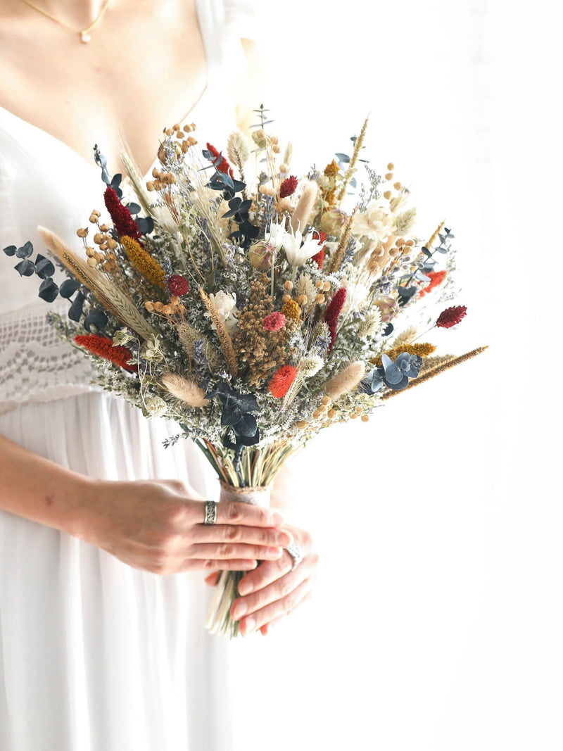 Boho Dried Flower Wedding Bouquet: Rustic Eucalyptus, Bunny Tails Bouquet
