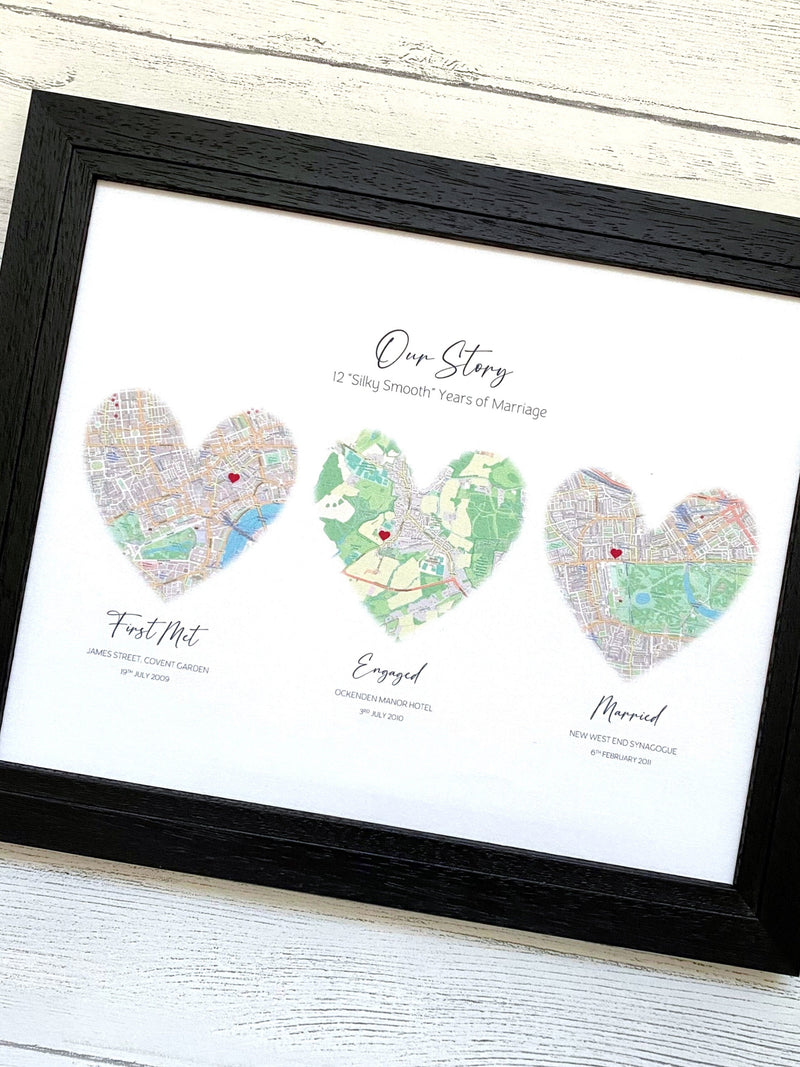 Custom silk map love story, 4th or 12th wedding anniversary gift for husband, met engaged married home, personalised love story with 3 maps ANNIVERSARY