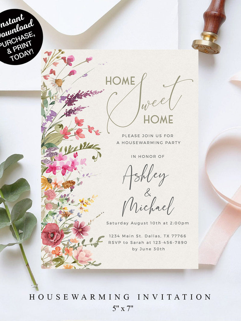 EDITABLE Housewarming Party Invitation - Rustic Housewarming Party Template -Wildflower Housewarming Invitation Home Sweet Home house warming flower
