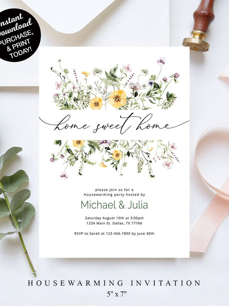 Housewarming Party Invitation, Floral Home Sweet Home House Warming Invitation, Editable Printable Digital Housewarming Invite Template< house warming flower