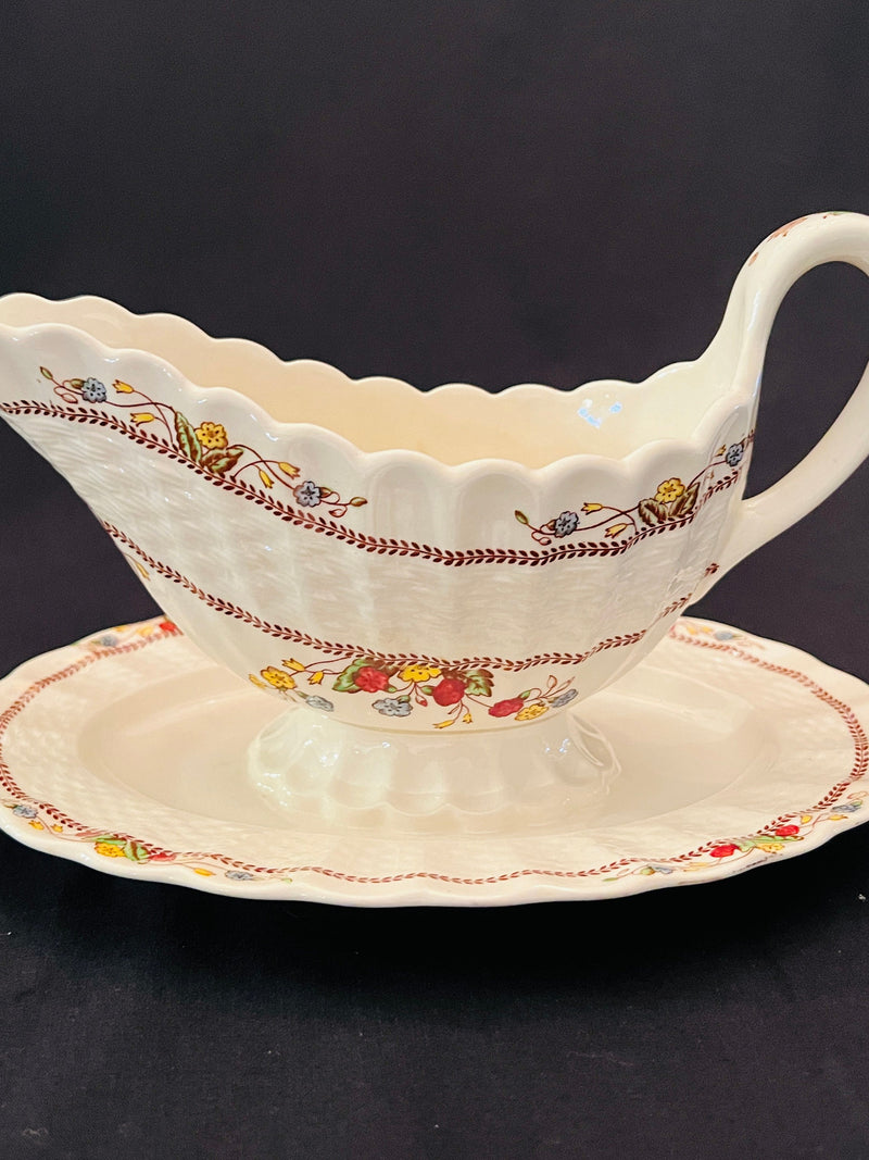 Vintage Spode Copeland Gravy Boat with Attached Underplate, Spodes Cowslip Pattern, 1930's, Floral Basketweave, Made in England, Replacement flower spore